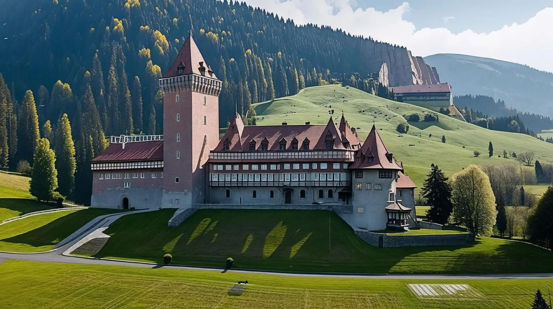Truehn Castle set among alpine meadows and forested mountains